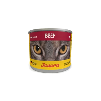 Sechs Dosen Josera Katzenfutter in einem gelben Tablett, beschriftet mit "Rind" und "Erwachsene", mit dem Gesicht einer Katze und den Logos "Deutsche Qualität" und "Getreidefrei".