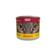 Sechs Dosen Josera Katzenfutter in einem gelben Tablett, beschriftet mit "Rind" und "Erwachsene", mit dem Gesicht einer Katze und den Logos "Deutsche Qualität" und "Getreidefrei".