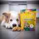 Gelbe SmoothieDog BITES gefriergetrocknete Huhn-Leckerli-Tüte mit buntem Design, unscharfer Hund liegt im Hintergrund