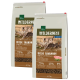 Deux sacs de 7 kg de nourriture pour chats Real Nature Wilderness, "Large Savannah", avec une image de félin sauvage, 75 % de volaille et de sanglier, 25 % de fruits et légumes.