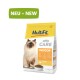 Sac de nourriture pour chat étiqueté "MultiFit Care Indoor" présentant un chat duveteux, avec "NEU - NEW" en vert, 1,4 kg, saveur poulet.