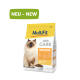 Katzenfutterbeutel beschriftet mit "MultiFit Care Indoor" mit einer flauschigen Katze, mit "NEU - NEW" in grün, 1,4 kg, Hühnergeschmack.