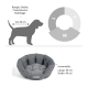 Graues Hundebett mit plüschigem Design, beschriftet mit "Doctor Bark", mit Waschhinweisen: maschinenwaschbar bis 95°C und trocknergeeignet.