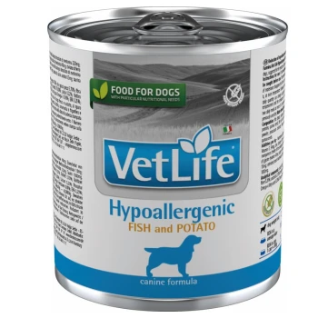 Dose VetLife hypoallergenes Hundefutter mit Fisch und Kartoffeln, gekennzeichnet als "Futter für Hunde mit besonderen Ernährungsbedürfnissen."