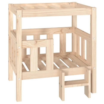 Holzhaustierbett mit zwei Ebenen und einer kleinen Treppe, entworfen für kleine Tiere. Natürliche Holzoberfläche, kein sichtbarer Text.