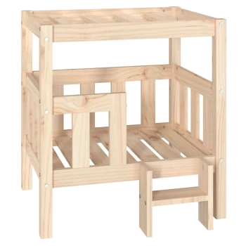 Holzhaustierbett mit zwei Ebenen und einer kleinen Treppe, entworfen für kleine Tiere. Natürliche Holzoberfläche, kein sichtbarer Text.