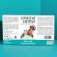 Etikett für das Green Hero Floh- und Zecken-Shampoo, mit einer Katze und einem Hund mit Schaum, das natürliche Inhaltsstoffe und Anwendungshinweise hervorhebt.