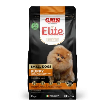 Gain Elite Complete Dog Nutrition bag for small dogs, featuring a fluffy Pomeranian puppy on the front, labeled "Puppy" and "Chicken & Rice," 2kg.