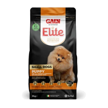 Gain Elite Complete Dog Nutrition bag for small dogs, featuring a fluffy Pomeranian puppy on the front, labeled "Puppy" and "Chicken & Rice," 2kg.