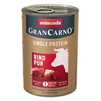 Nourriture pour animaux en conserve étiquetée "GranCarno Single Protein Rind Pur" avec des ingrédients de boeuf frais, sans gluten, avec une silhouette de vache.
