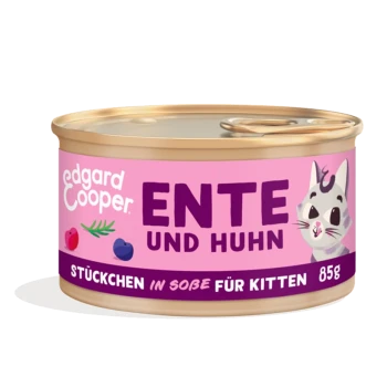 Dose Edgard Cooper Katzenfutter mit Ente und Huhn, mit einer verspielten Katzenillustration, beschriftet 'STÜCKCHEN IN SOße FÜR KITTEN', 85g.