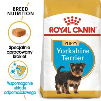 Torba karmy dla psów Royal Canin Puppy Yorkshire Terrier z małym szczeniakiem rasy Yorkshire Terrier, z tekstem podkreślającym odżywianie rasy i wsparcie odporności.