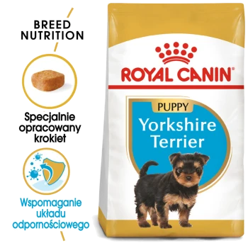 Torba karmy dla psów Royal Canin Puppy Yorkshire Terrier z małym szczeniakiem rasy Yorkshire Terrier, z tekstem podkreślającym odżywianie rasy i wsparcie odporności.
