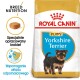 Torba karmy dla psów Royal Canin Puppy Yorkshire Terrier z małym szczeniakiem rasy Yorkshire Terrier, z tekstem podkreślającym odżywianie rasy i wsparcie odporności.