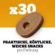 Eine weiche, runde Haustierleckerei mit einem Loch in der Mitte, begleitet von dem Text "x30" und "praktische, köstliche, weiche Snacks pro Packung."