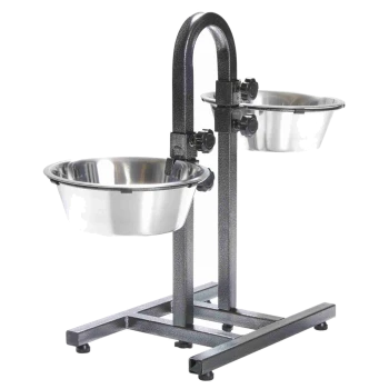 Edelstahlständer für doppelte Futter- und Wasserschalen für Haustiere mit verstellbarer Höhe und stabilem schwarzen Metallrahmen.
