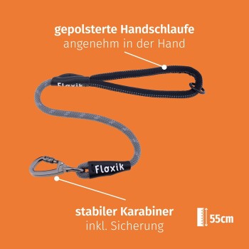 Hundeleine mit gepolstertem Griff und stabilem Karabiner, beschriftet mit "Floxik", auf einem orangefarbenen Hintergrund. Länge: 55 cm.