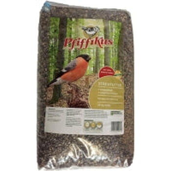 Tüte Vogelfutter mit Aufschrift 'Pfiffikus', zeigt eine orange-schwarze Vogelillustration und Waldhintergrund.