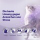 Graue Katze mit lila Funkeln; deutscher Text 'Die beste Lösung gegen Anzeichen von Stress' und fünf Icons mit deutscher Beschriftung.