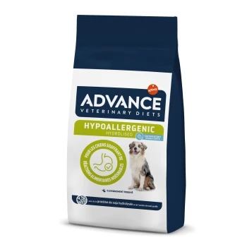 Sac de nourriture pour chien hypoallergénique hydrolysée Advance Veterinary Diets avec un chien sur le devant, avec un texte sur la santé digestive et des preuves cliniques.