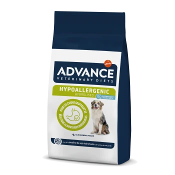 Sac de nourriture pour chien hypoallergénique hydrolysée Advance Veterinary Diets avec un chien sur le devant, avec un texte sur la santé digestive et des preuves cliniques.
