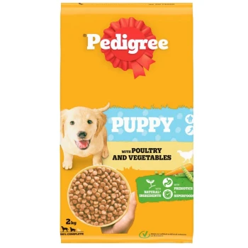 Pedigree Puppy food bag, 2kg, featuring a puppy graphic, labeled "with Poultry and Vegetables," and highlights natural ingredients and prebiotics.