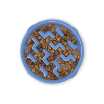 Eine blaue langsame Futter-Schüssel, gefüllt mit trockenem Haustierfutter, mit Zickzackmustern, um langsameres Essen zu fördern.