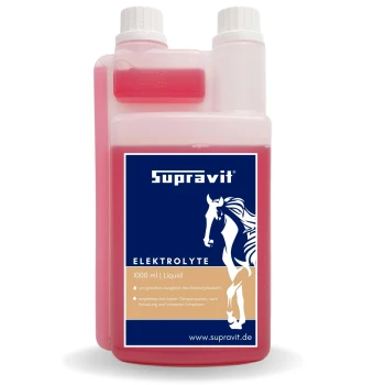 Flasche Supravit Elektrolyt-Flüssignahrung für Pferde, 1000 ml, mit Dosierkammer und Pferdeillustration.