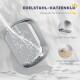 Edelstahl-Katzenklo mit Wasserspritzer; sichtbarer Text: 'EDELSTAHL-KATZENKLO, Geeignet für Katzen bis 5 kg'.