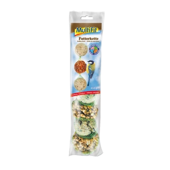 MultiFit feeding chain for birds, featuring three food balls in a clear package, with a blue background and a small bird illustration.