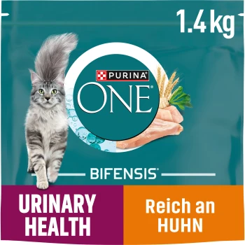 Verpackung von Purina ONE Bifensis Katzenfutter, 1,4 kg, mit einer grauen Katze und dem hervorgehobenen Text "Harnwegsgesundheit" in fetter Schrift.