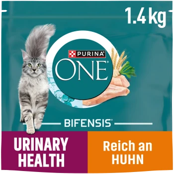 Verpackung von Purina ONE Bifensis Katzenfutter, 1,4 kg, mit einer grauen Katze und dem hervorgehobenen Text "Harnwegsgesundheit" in fetter Schrift.