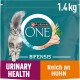 Verpackung von Purina ONE Bifensis Katzenfutter, 1,4 kg, mit einer grauen Katze und dem hervorgehobenen Text "Harnwegsgesundheit" in fetter Schrift.