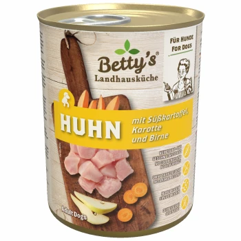 Dosen-Hundefutter von Betty's Landhausküche, mit Huhn, Süßkartoffel, Karotte und Birne. Das Etikett besagt "Huhn mit Süßkartoffel, Karotte und Birne."