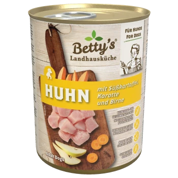 Dosen-Hundefutter von Betty's Landhausküche, mit Huhn, Süßkartoffel, Karotte und Birne. Das Etikett besagt "Huhn mit Süßkartoffel, Karotte und Birne."