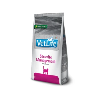 VetLife Struvite Management Katzenfutterbeutel, mit einem blauen Logo, pinkem Text und einer Illustration einer Katzensilhouette.