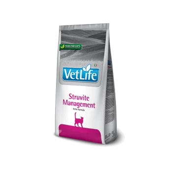 VetLife Struvite Management Katzenfutterbeutel, mit einem blauen Logo, pinkem Text und einer Illustration einer Katzensilhouette.