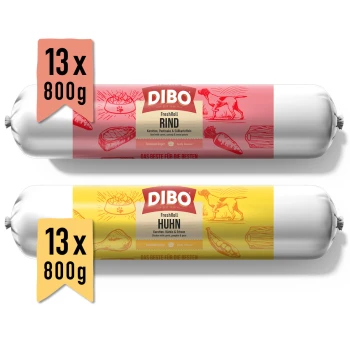 FreshRolls Rind & Huhn 26x800 g Zwei DIBO FreshRoll Haustierfutterrollen, eine Rindgeschmack mit Karotte, Pastinake und Süßkartoffel, eine Hähnchengeschmack mit Karotte, Kürbis und Erbsen, jeweils 13x800g.