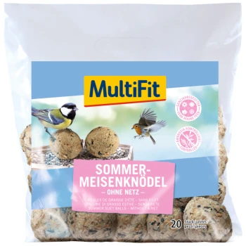 Emballage de boules de suif MultiFit Summer présentant deux oiseaux et 20 boules de suif, étiqueté "Sommer-Meisenknödel - ohne Netz."
