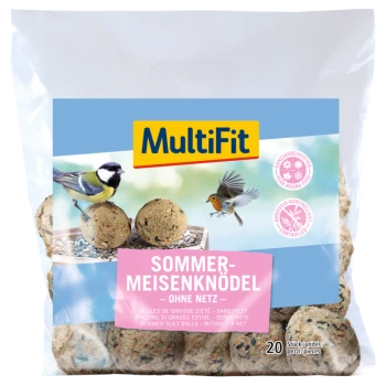 MultiFit Zomer Suet Ballen verpakking met twee vogels en 20 suet ballen, gelabeld 'Sommer-Meisenknödel - ohne Netz.'