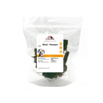 Klarer wiederverschließbarer Beutel mit Tackenberg Rind-Pansen Hundesnacks, mit Etikett, das eine Dalmatiner-Illustration und Produktdetails auf Deutsch zeigt.