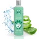 Men For San Aloe Vera Shampoo Flasche mit grünem Etikett, Pfotenabdruck, Hundillustration und Aloe Vera Blättern.
