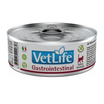 Farmina Natural Gastrointestinale 12x85g Dosenfutter für Katzen mit der Aufschrift 'VetLife Gastrointestinal', mit einem blauen und grünen Design, einem BPA-freien Symbol und einem Katzen-Icon.