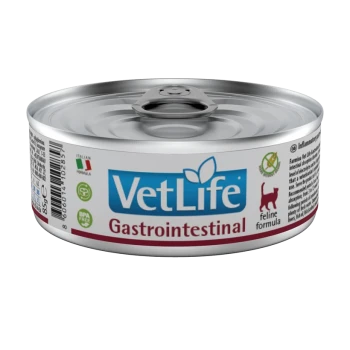Karma w puszce dla kotów oznaczona 'VetLife Gastrointestinal', z niebiesko-zielonym wzorem, z symbolem BPA-free i ikoną kota.