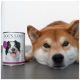 Eine Dose "DOG'S LOVE" Hundefutter mit einem lächelnden schwarz-weißen Hund auf dem Etikett, mit dem Text "feine kost für feine hunde."