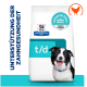 Hill's Prescription Diet t/d Hundefutterbeutel mit einem schwarz-weißen Hund, unterstützt die Zahngesundheit, Text auf Deutsch.