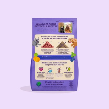 Sac de nourriture pour chiens violet avec deux photos de chiens, titre en français « QUAND LES CHIENS DICTENT LA RECETTE », icônes nutritionnelles.