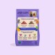 Sac de nourriture pour chiens violet avec deux photos de chiens, titre en français « QUAND LES CHIENS DICTENT LA RECETTE », icônes nutritionnelles.