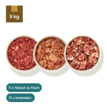 Bild von Haustierfutterprodukten, einschließlich verschiedener Fleisch- und Fischoptionen, beschriftet mit "9x Fleisch", "13x Innereien" und "2x Fisch."