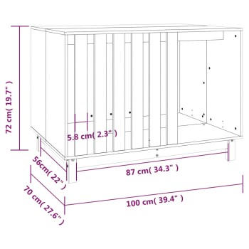 Illustration einer Haustierbox mit beschrifteten Abmessungen: Höhe 72 cm, Breite 100 cm, Tiefe 56 cm, mit lamellenartigen Seiten.